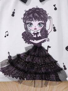 SHEIN 女小童人像圖案拼接領T恤和裙子 - 黑與白 - 查看 3