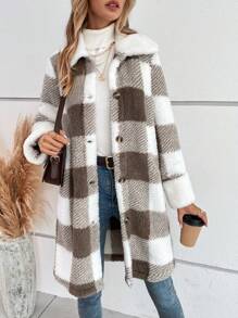 SHEIN Essnce 大方格圖案落肩袖絨毛外套 - 彩色 - 查看 4