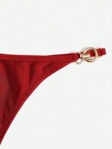 SHEIN Swim 夏季海灘環狀連結頸掛三角比基尼套裝 - 紅色 - 查看 3