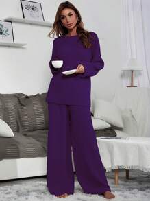 Mulvari Solid Drop Shoulder Sweater & Knit Pants - Purple - View 3