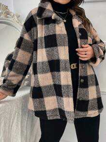 SHEIN LUNE Plus Buffalo Plaid Pattern Drop Shoulder Teddy Coat, For Winter - Apricot - View 5