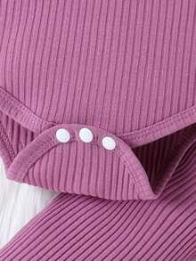 嬰兒女孩荷葉邊連體衣&綁帶連帽汗褲&頭帶 - 紫色 - 查看 5