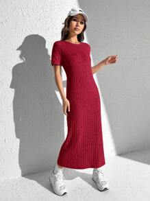SHEIN EZwear 素色高衩條紋針織T恤洋裝 - 玫瑰紅 - 查看 5