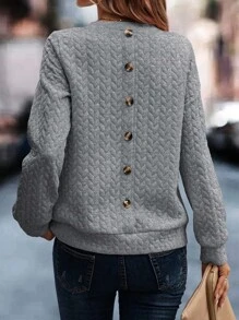 SHEIN Essnce 後紐扣落肩袖運動衫 - 淺灰色 - 查看 1