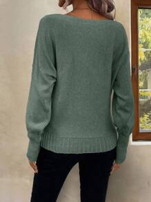 SHEIN LUNE 船领蝙蝠袖毛衣，女士春秋休闲长袖宽松薄荷绿蝙蝠袖套头衫，女式针织套头衫，秋冬毛衣 - 薄荷綠 - 查看 2