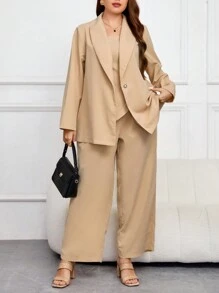 SHEIN Frenchy Plus Solid Tube Top & Wide Leg Pants & Shawl Collar Blazer - Apricot - View 4