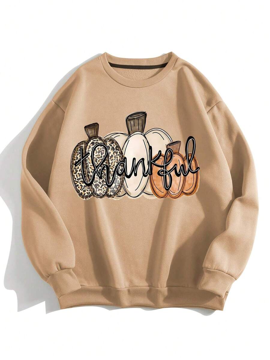 INAWLY Plus Letter Graphic Thermal Lined Sweatshirt Pullover Fall Winter Sweatshirt Autumn - Khaki - View 1