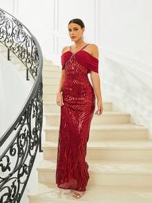 Missord Cold Shoulder Sequin Formal Dress - Burgundy - View 4