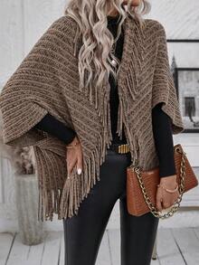 SHEIN LUNE Thuốc nhuộm Không gian Viền rìa tay cánh Áo Cardigan - Lạc đà - Xem 4