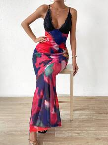 Islaluna Tie Dye Contrast Lace Mermaid Hem Mesh Cami Dress Maxi Women Outfit - Multicolor - View 5