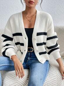 SHEIN Frenchy 條紋圖案落肩袖開襟衫 - 黑與白 - 查看 5