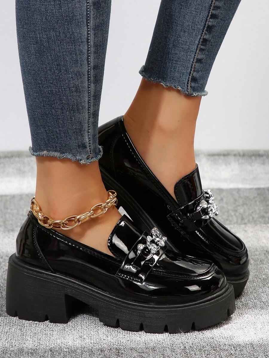 Ladies' Chunky Heel Platform Loafers, Black SHEIN UK