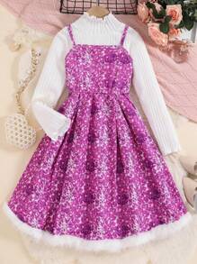 SHEIN Cô gái Tween Kim sa Hiệu ứng Váy Dây & Áo thun - Màu Hồng Tươi - Xem 1