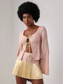 ASHLEY Designer Tie Front Waffle Knit Tee, For Holiday, Vacation, Spring, Festival, Ibiza Fits - Pink - View 5