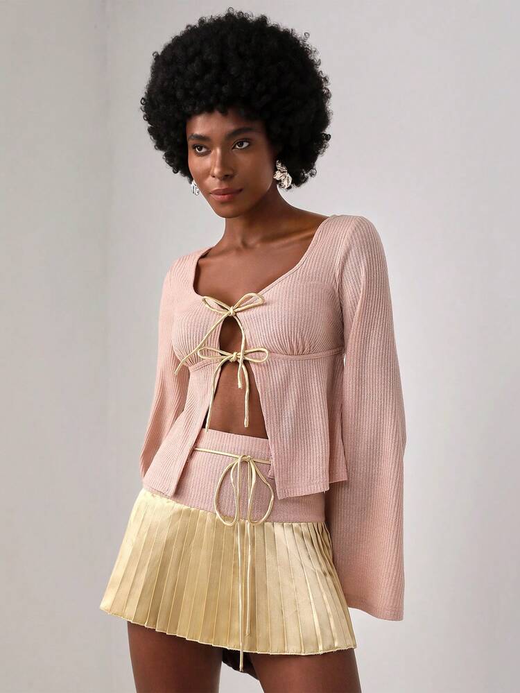 Designer Tie Front Waffle Knit Tee, For Holiday, Vacation, Spring, Festival, Ibiza Fits