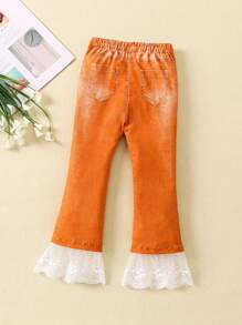 SHEIN 女小童牛仔效果拼接蕾絲下擺喇叭褲 - 彩色 - 查看 2