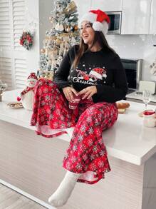 SHEIN Essnce Plus Christmas Print Flare Sleeve Tee & Pants - Multicolor - View 3