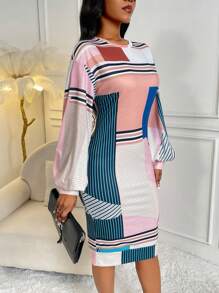 SHEIN Lady 條紋和幾何圖案撞色落肩袖緊身洋裝 - 彩色 - 查看 5