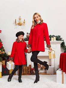 SHEIN 女大童豹紋羊絨領口褶皺細節花呢外套 - 紅色 - 查看 2