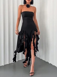 EURMUSE Solid Fringe Trim Asymmetrical Hem Tube Dress - Black - View 3