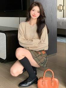 DAZY Chất rắn Thả vai Xoắn Dan Áo len - trắng - Xem 5