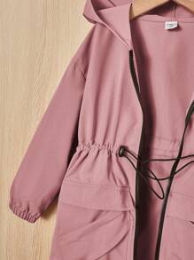 SHEIN Young Girl Letter Patched Detail Drawstring Waist Flap Pocket Hooded Coat - Dusty Pink - View 3