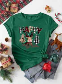 INAWLY Christmas Print Tee Graphic Tees Women Tops - Dark Green - View 1