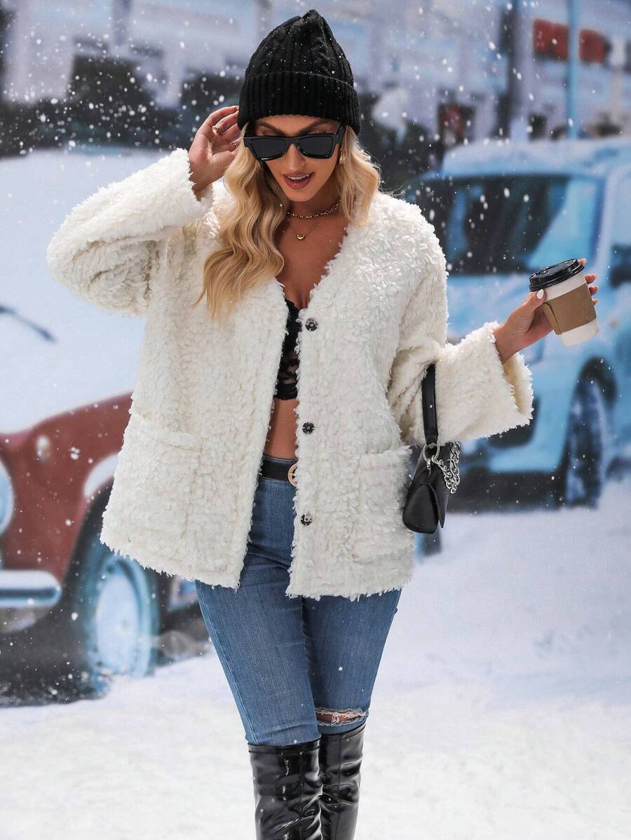 SHEIN LUNE Dual Pocket Drop Shoulder Teddy Coat - Beige - View 1