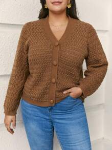 SHEIN Frenchy Plus Solid Button Front Cardigan - Brown - View 1
