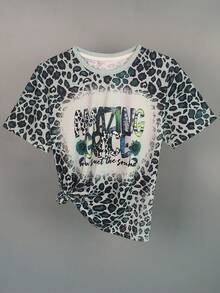 SHEIN Unity 豹紋和標語圖案T恤 - 綠色 - 查看 4