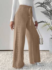 SHEIN Frenchy Drawstring Waist Wide Leg Knit Pants - Camel - View 4