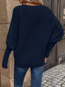 SHEIN LUNE Zip Half Placket Batwing Sleeve Sweater - Navy Blue - View 2