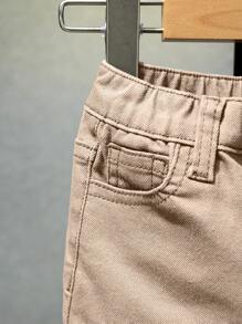 SHEIN Young Boy's Distressed Whisker Design Elastic Waist Casual Washed Jeans - Khaki - View 3
