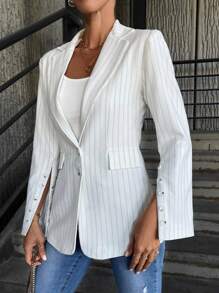 RueChic Striped Print Split Sleeve Single Breasted Blazer - White - View 2