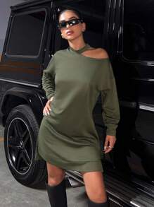 SHEIN Cottnline Solid Asymmetrical Neck Drop Shoulder Dress - Khaki - View 4