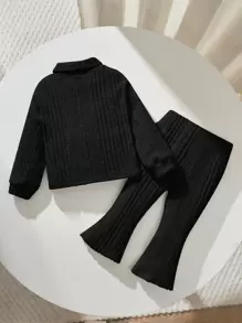 SHEIN Leap Crew Baby Girls Solid Color Long Sleeve Casual High Neck Top & Flared Pants For Baby Girls - Black - View 2