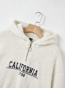 SHEIN LUNE Letter Embroidery Drop Shoulder Teddy Hoodie - Multicolor - View 6