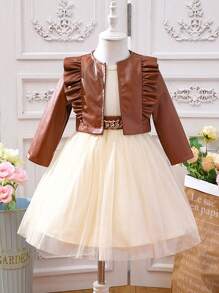 Glamorique Kids Young Girl Ruffle Trim Jacket & Mesh Overlay Dress - Multicolor - View 1