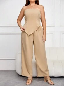SHEIN Frenchy Plus Solid Tube Top & Wide Leg Pants & Shawl Collar Blazer - Apricot - View 5