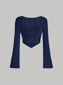 SHEIN MOD 方领手帕下摆蓝色短款 T 恤 - 藏蓝色 - 查看 2