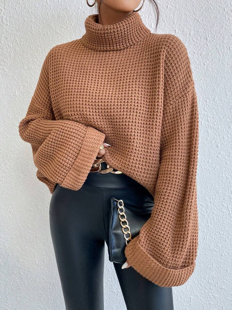 SoleilVie Turtleneck Drop Shoulder Waffle Knit Sweater,Long Sleeve Tops Knit Pullover Fall Winter Sweater - Camel - View 1