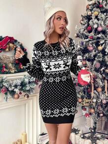 SHEIN LUNE 聖誕麋鹿&幾何圖案毛衣洋裝 - 黑與白 - 查看 5