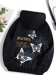 SHEIN EZwear Bản in hình khẩu hiệu & con bướm Túi kangaroo Dây rút Lót nhiệt Hoodie - màu đen - Xem 1