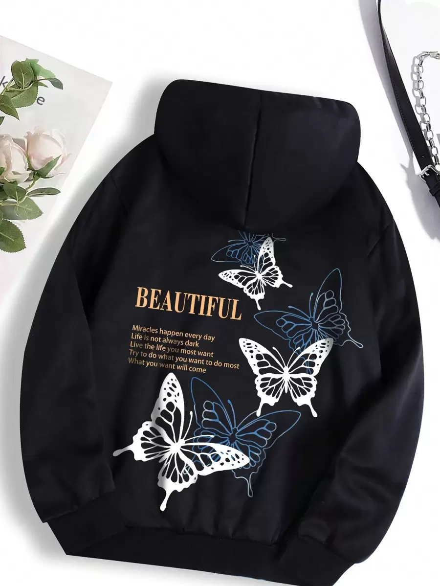 SHEIN EZwear Bản in hình khẩu hiệu & con bướm Túi kangaroo Dây rút Lót nhiệt Hoodie - màu đen - Xem 1