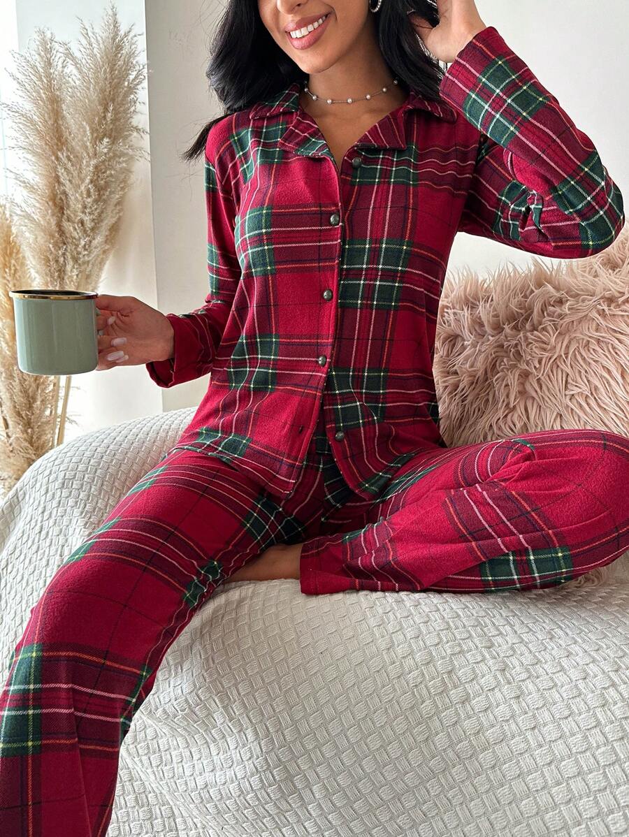 RueChic Plaid Print PJ Set - Red - View 1