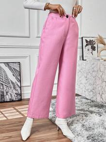 SHEIN LUNE Zipper Fly Wide Leg Pants Fall Cloth For Women - Pink - View 1