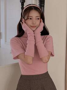 DAZY 素色高領T恤帶袖子 - 淺粉色 - 查看 3