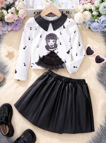 SHEIN 女小童人像圖案拼接領T恤和裙子 - 黑與白 - 查看 1