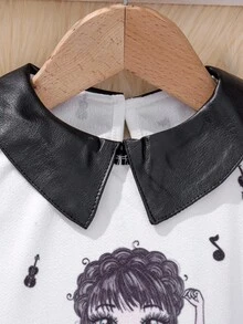 SHEIN 女小童人像圖案拼接領T恤和裙子 - 黑與白 - 查看 6