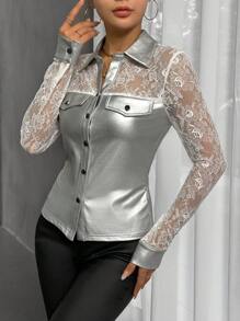 SHEIN Privé 蕾絲拼接翻蓋細節皮革外觀上衣 - 銀色 - 查看 5